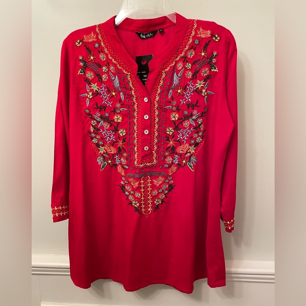 NWT 64 Sixty Five Boho Red Pullover Embroidered Tunic Medium